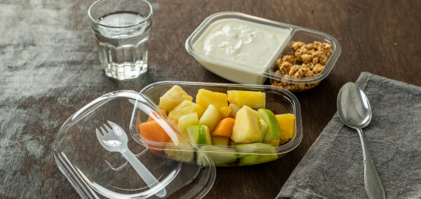 ANL Packaging on the go fruit salad tray with integrated spork ANL Packaging on the go fruit salad tray with integrated spork